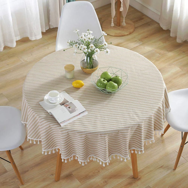 AMZALI Stripe Tassel Tablecloth Cotton Linen Table Cloth Stain Resistant Dust-Proof Table Cover for Kitchen Dinning Tabletop Home Decoration (Round 60 Inch, Beige) - Image 2
